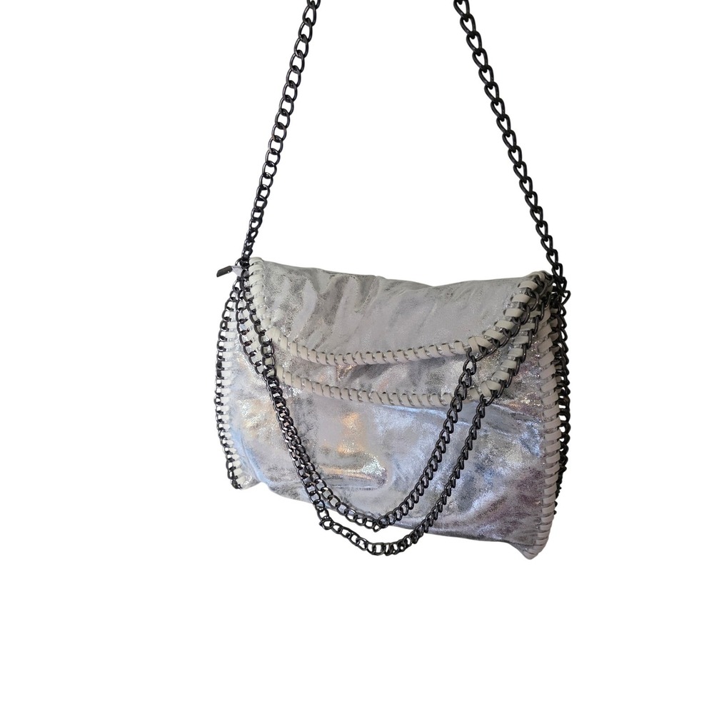 Silver Metallic Tote Bag Chain Trim Shoulder Bag Unbranded - Picture 5 of 7